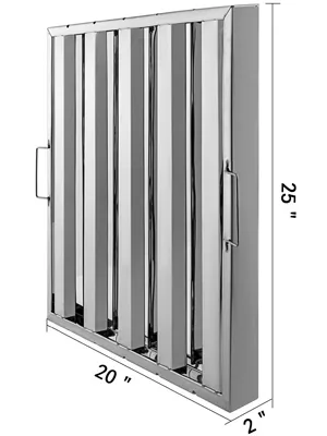 stainless steel VEVOR hood filters with dimensions: 25" height, 20" width, 2" depth
